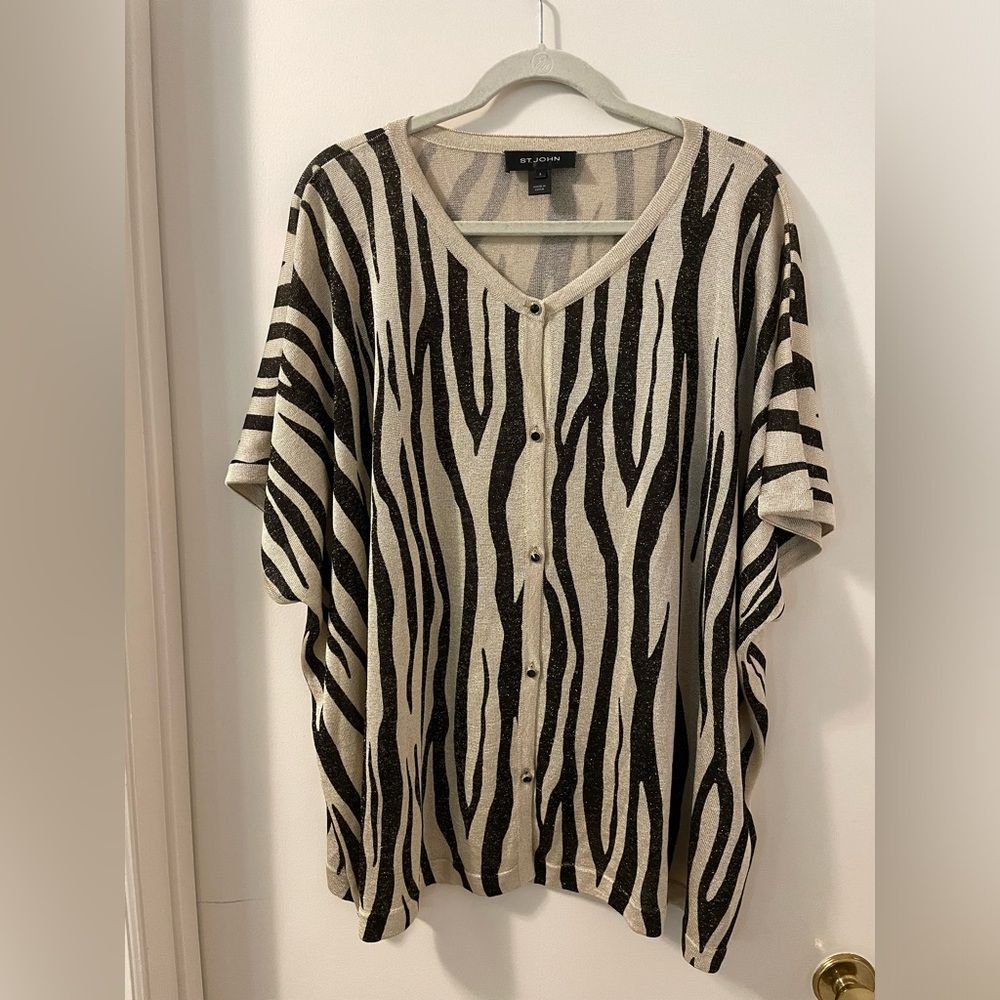 St. John Tiger Stripe Shimmer Knit Trapeze Cardigan Tunic $795 Retail Sz Small